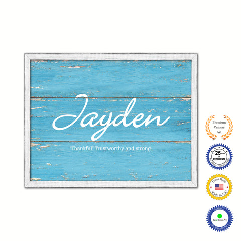 Jayden Name Plate White Wash Wood Frame Canvas Print Boutique Cottage Decor Shabby Chic