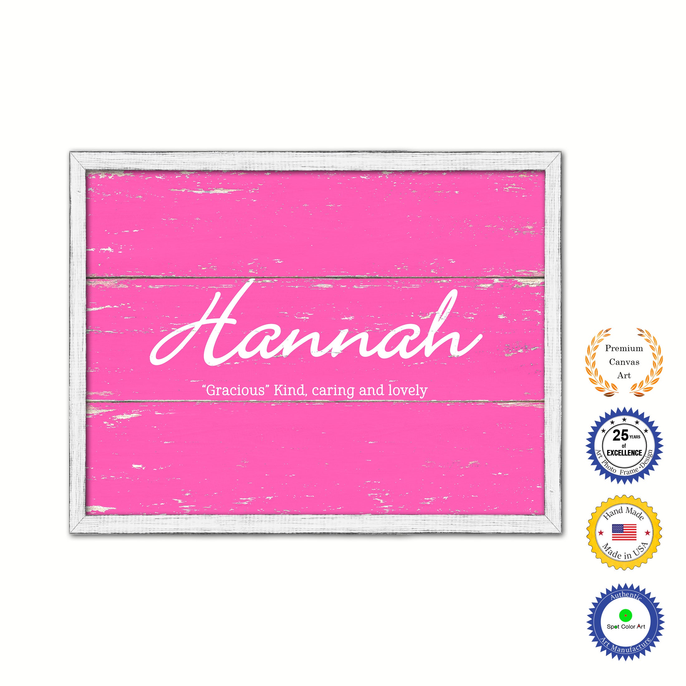 Hannah Name Plate White Wash Wood Frame Canvas Print Boutique Cottage Decor Shabby Chic