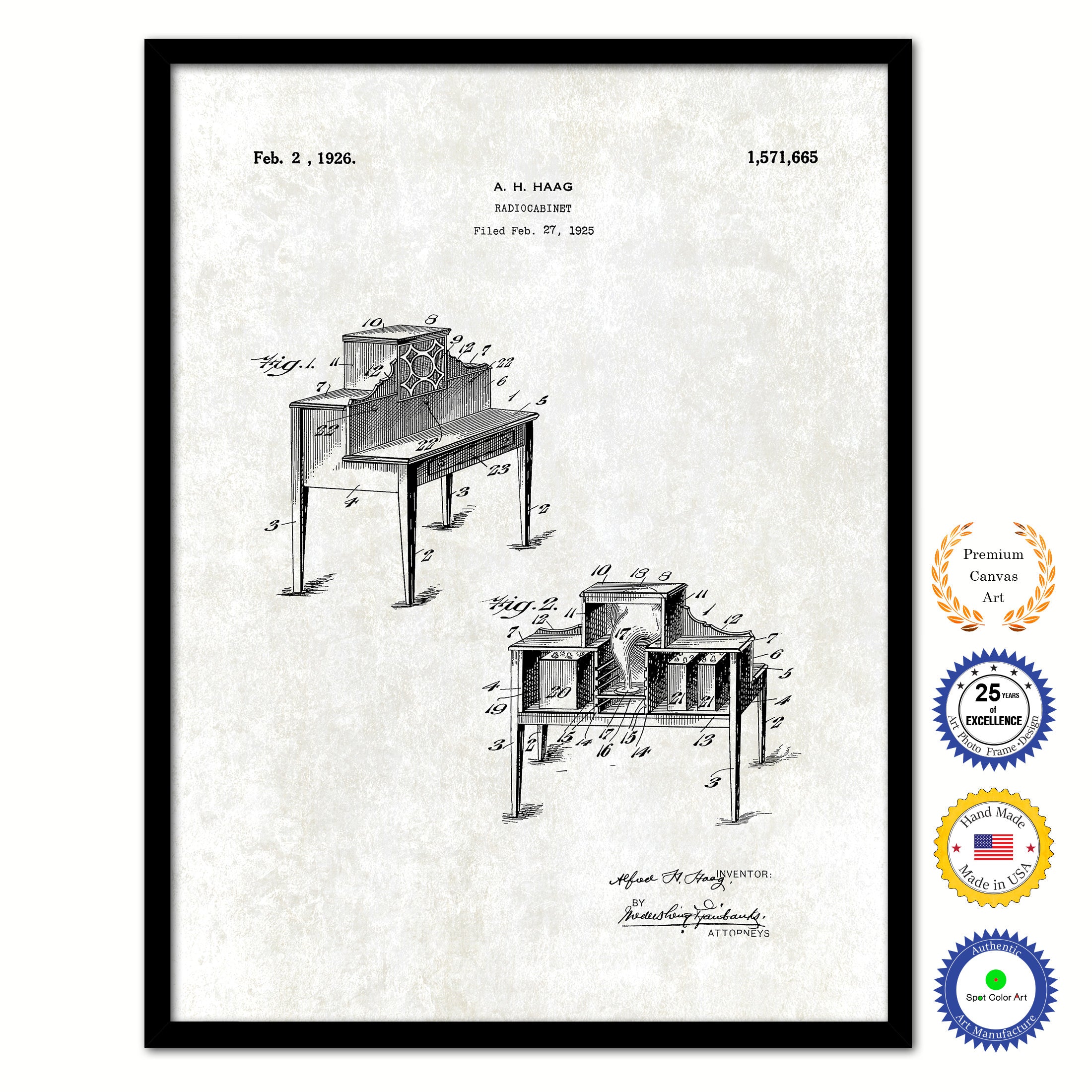 1926 Radiocabinet Old Patent Art Print on Canvas Custom Framed Vintage Home Decor Wall Decoration Great for Gifts
