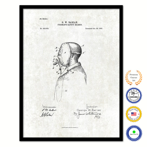 1890 Firefighter Fireman's Safety Helmet Vintage Patent Artwork Black Framed Canvas Print Home Office Decor Great for Firefighter Fireman Firewoman
