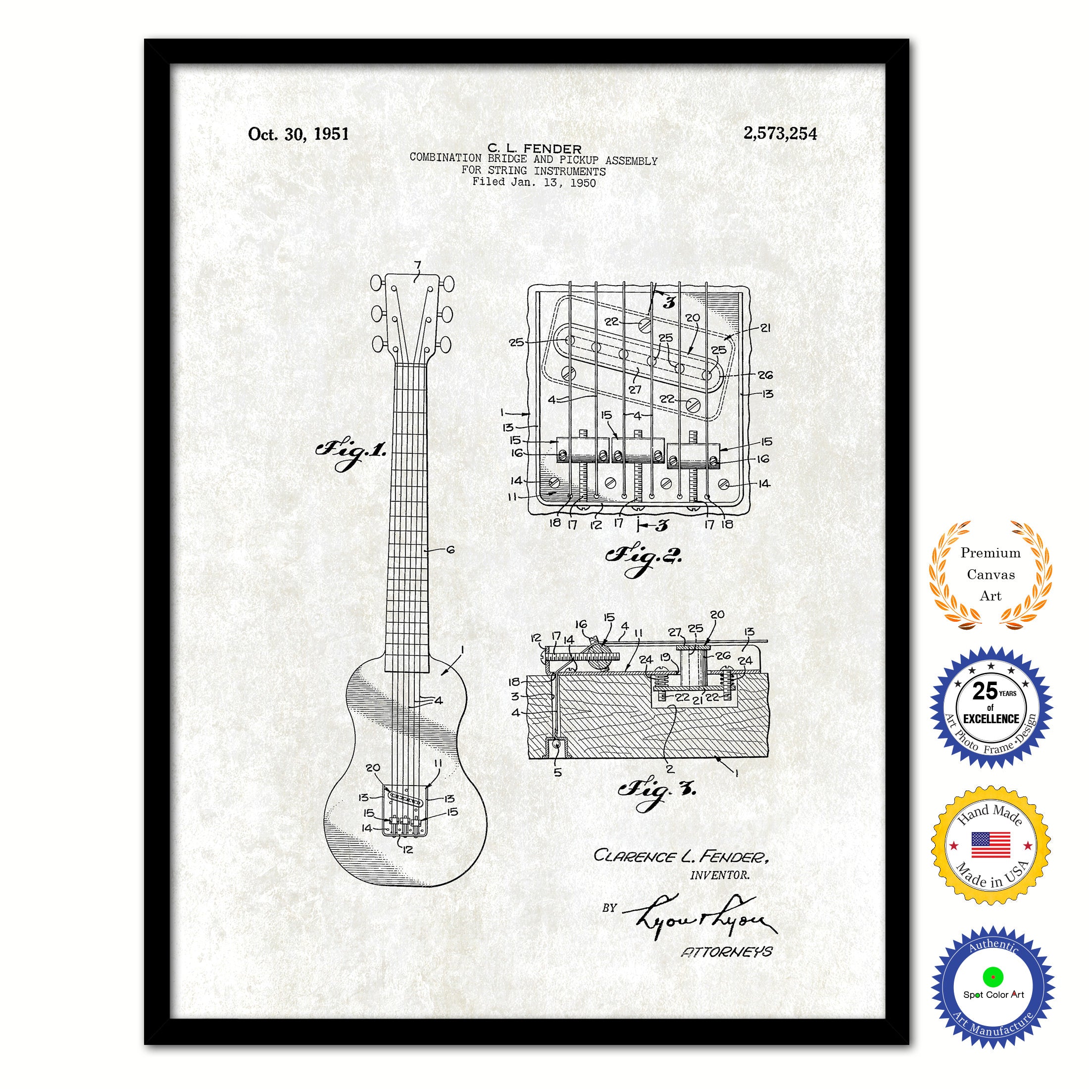1951 Fender Guitar Bridge and Pickup Assembly Old Patent Art Print on Canvas Custom Framed Vintage Home Decor Wall Decoration Great for Gifts