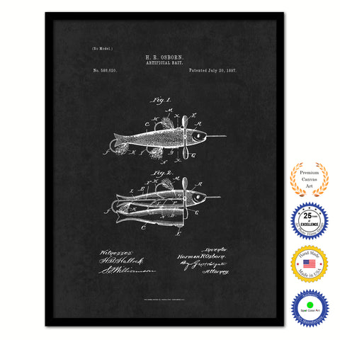 1897 Fishing Artificial Bait Vintage Patent Artwork Black Framed Canvas Home Office Decor Great for Fisherman Cabin Lake House