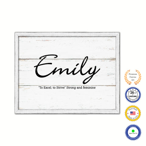 Emily Name Plate White Wash Wood Frame Canvas Print Boutique Cottage Decor Shabby Chic