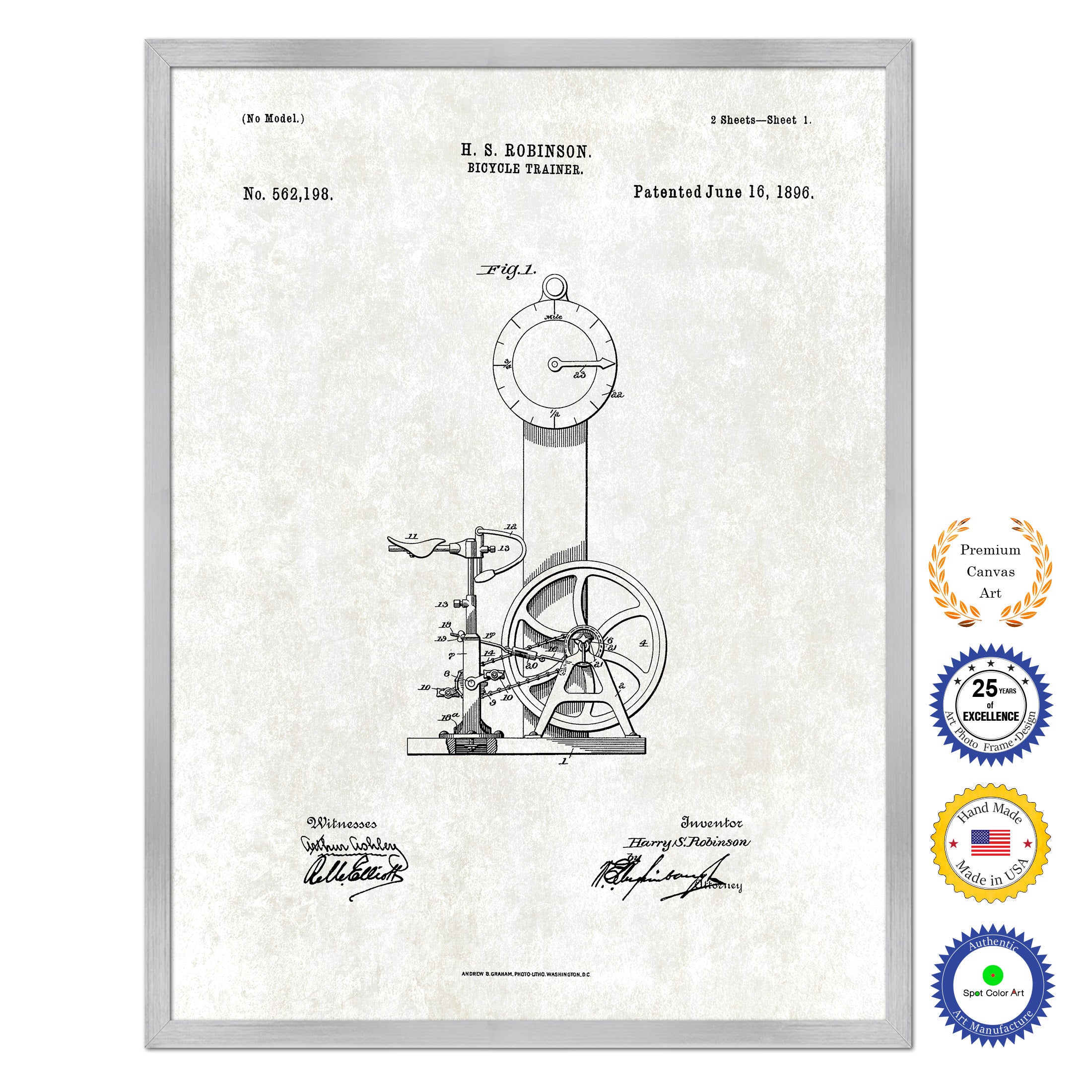 1896 Bicycle Trainer Old Patent Art Print on Canvas Custom Framed Vintage Home Decor Wall Decoration Great for Gifts