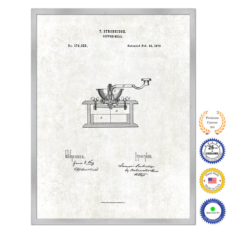 1876 Coffee Mill Grinder Antique Patent Artwork Silver Framed Canvas Print Home Office Decor Great for Coffee Spice Lover Cafe Shop