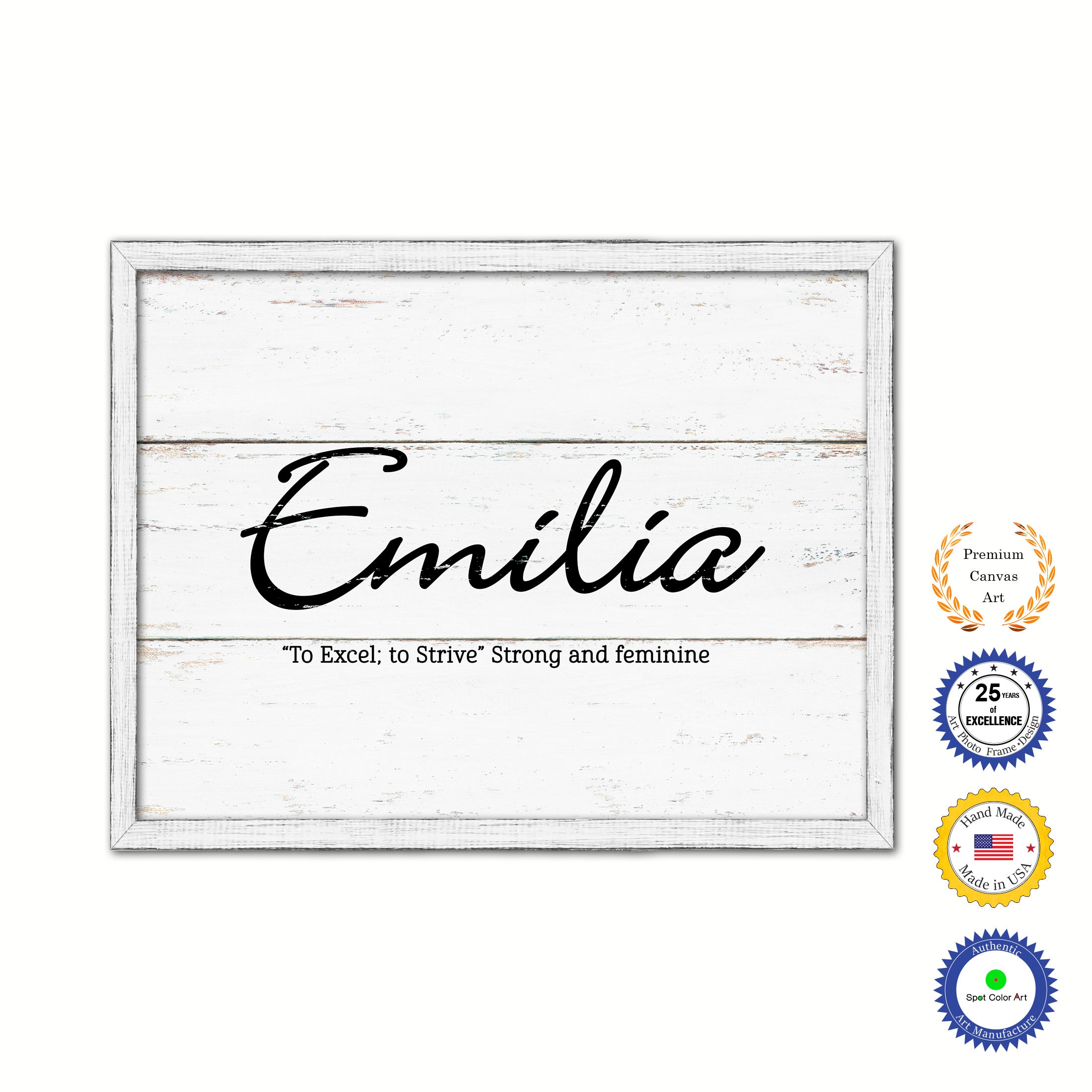Emilia Name Plate White Wash Wood Frame Canvas Print Boutique Cottage Decor Shabby Chic