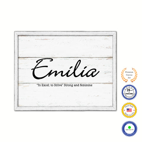 Emilia Name Plate White Wash Wood Frame Canvas Print Boutique Cottage Decor Shabby Chic