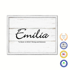Emilia Name Plate White Wash Wood Frame Canvas Print Boutique Cottage Decor Shabby Chic