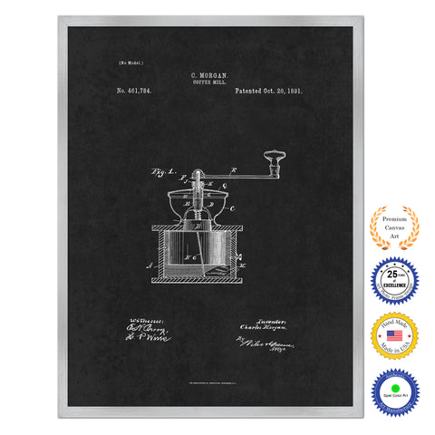 1891 Coffee Mill Grinder Antique Patent Artwork Silver Framed Canvas Home Office Decor Great for Coffee Spice Lover Cafe Shop