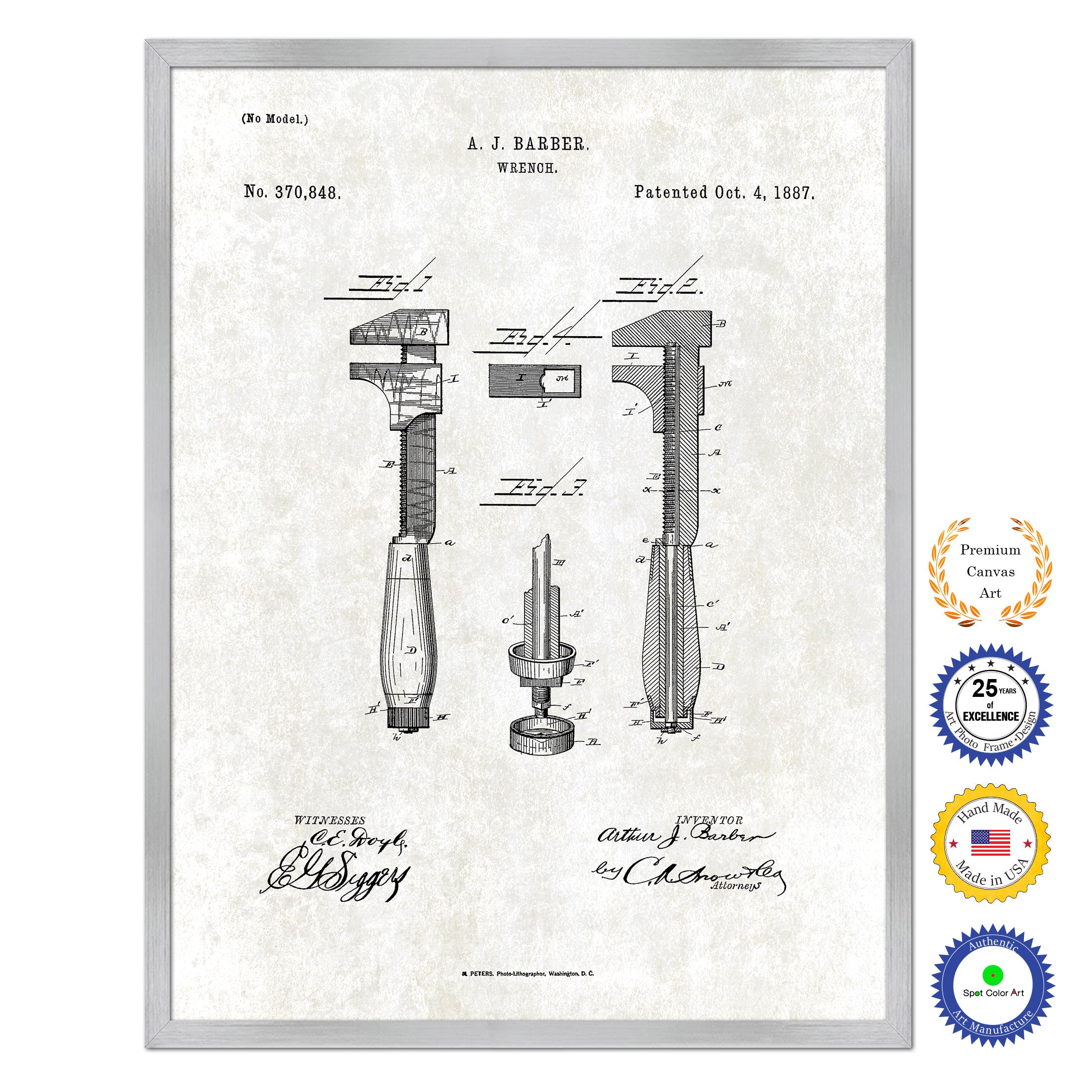 1887 Wrench Old Patent Art Print on Canvas Custom Framed Vintage Home Decor Wall Decoration Great for Gifts