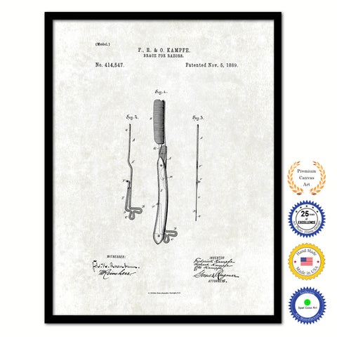 1889 Barber Brace for Razors Vintage Patent Artwork Black Framed Canvas Print Home Office Decor Great for Barber Salon