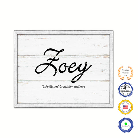 Zoey Name Plate White Wash Wood Frame Canvas Print Boutique Cottage Decor Shabby Chic