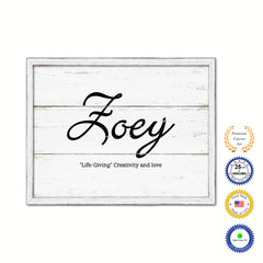 Zoey Name Plate White Wash Wood Frame Canvas Print Boutique Cottage Decor Shabby Chic