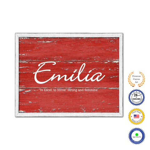 Emilia Name Plate White Wash Wood Frame Canvas Print Boutique Cottage Decor Shabby Chic