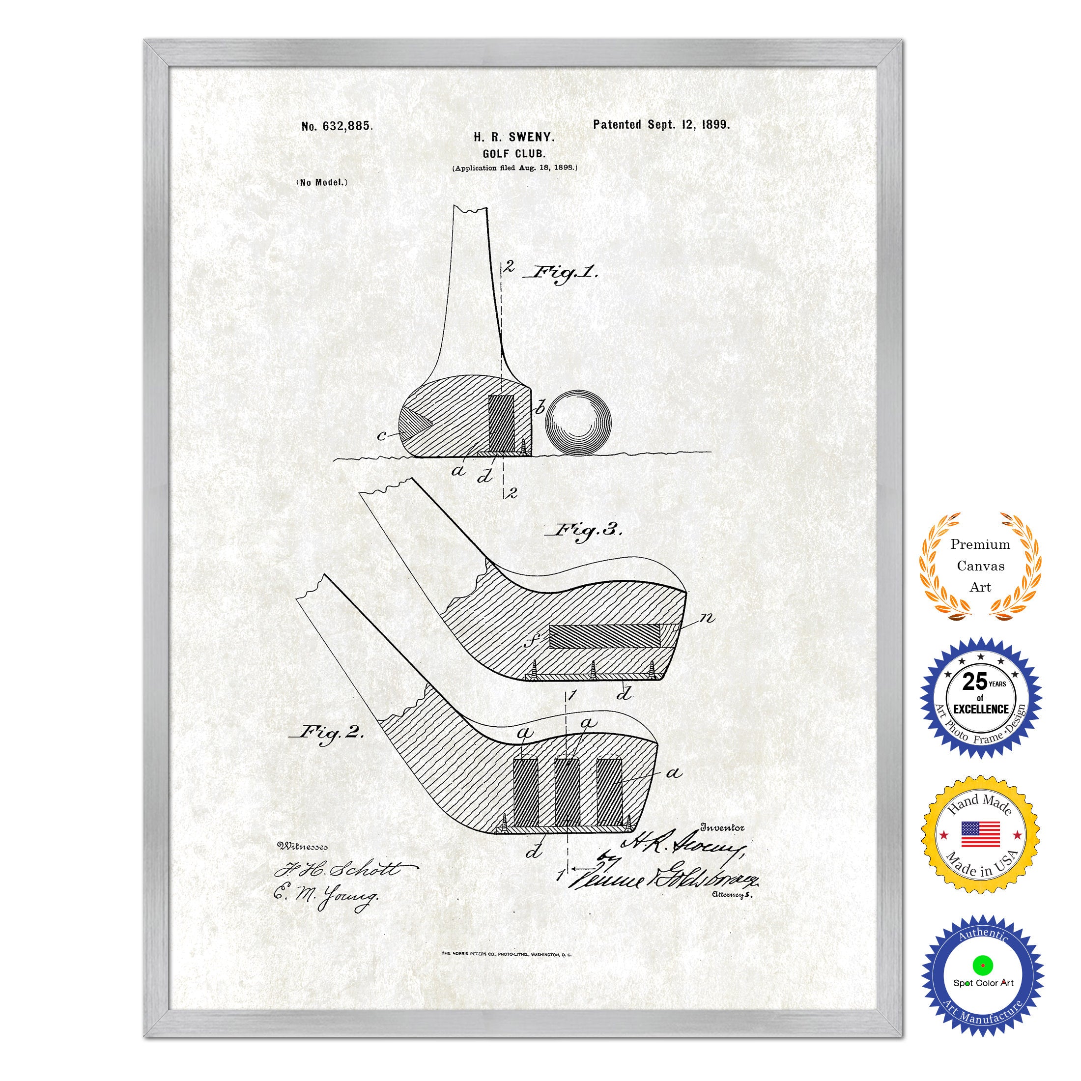 1899 Golf Club Old Patent Art Print on Canvas Custom Framed Vintage Home Decor Wall Decoration Great for Gifts