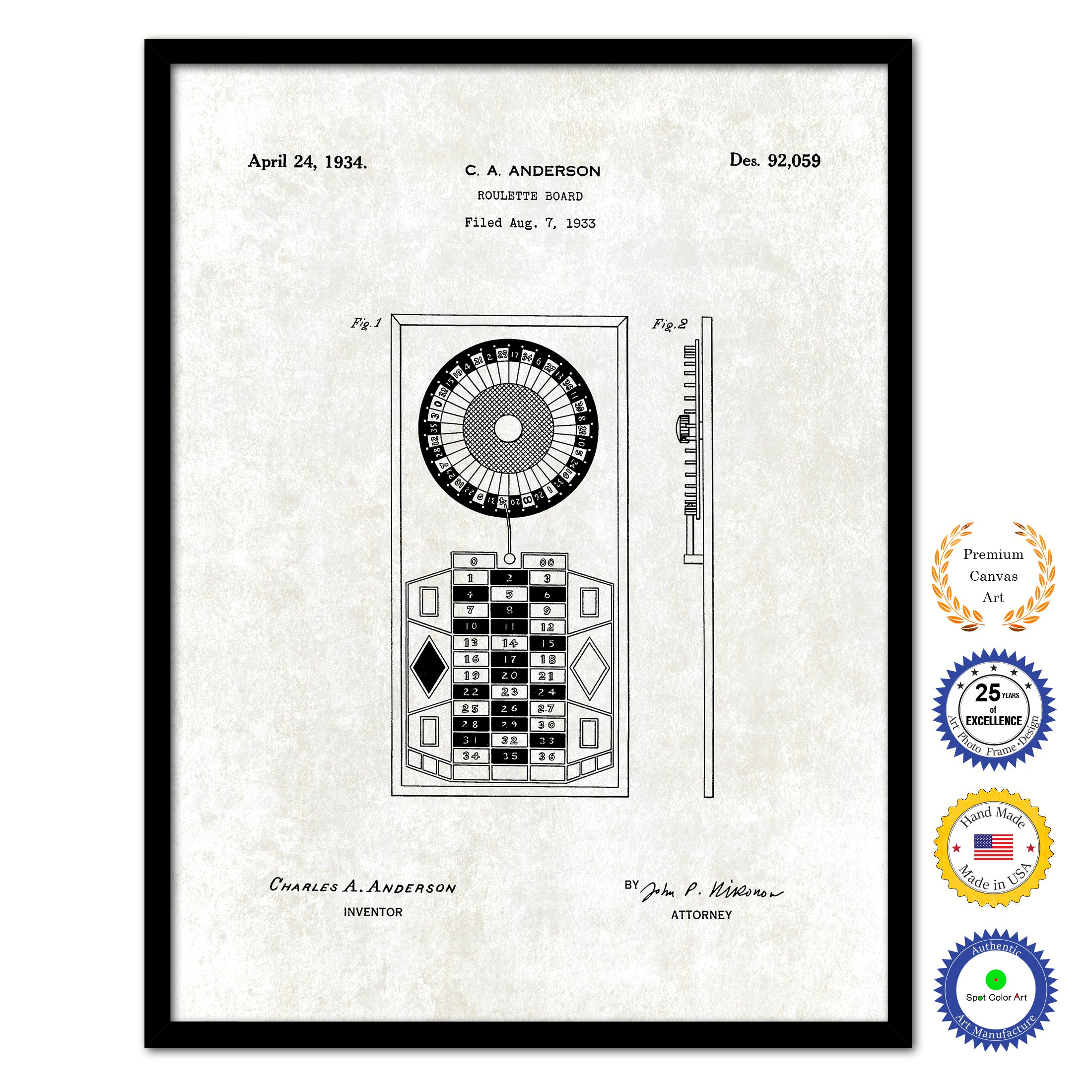 1934 Roulette Wheel Board Old Patent Art Print on Canvas Custom Framed Vintage Home Decor Wall Decoration Great for Gifts