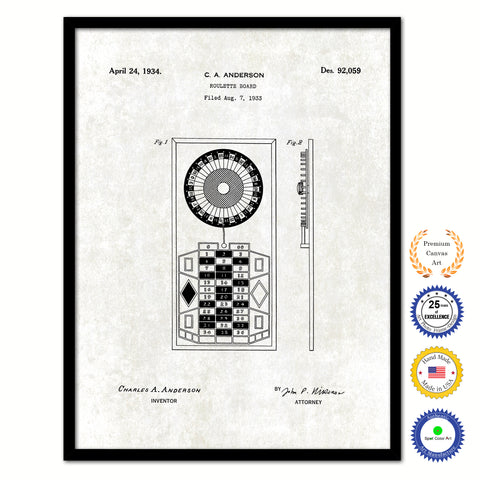 1934 Roulette Wheel Board Old Patent Art Print on Canvas Custom Framed Vintage Home Decor Wall Decoration Great for Gifts