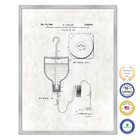 1944 Doctor Intravenous Injection Equipment Antique Patent Artwork Silver Framed Canvas Print Home Office Decor Great for Doctor Paramedic Surgeon Hospital Medical Student