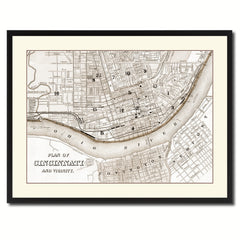 Cincinnati Vintage Sepia Map Canvas Print, Picture Frame Gifts Home Decor Wall Art Decoration