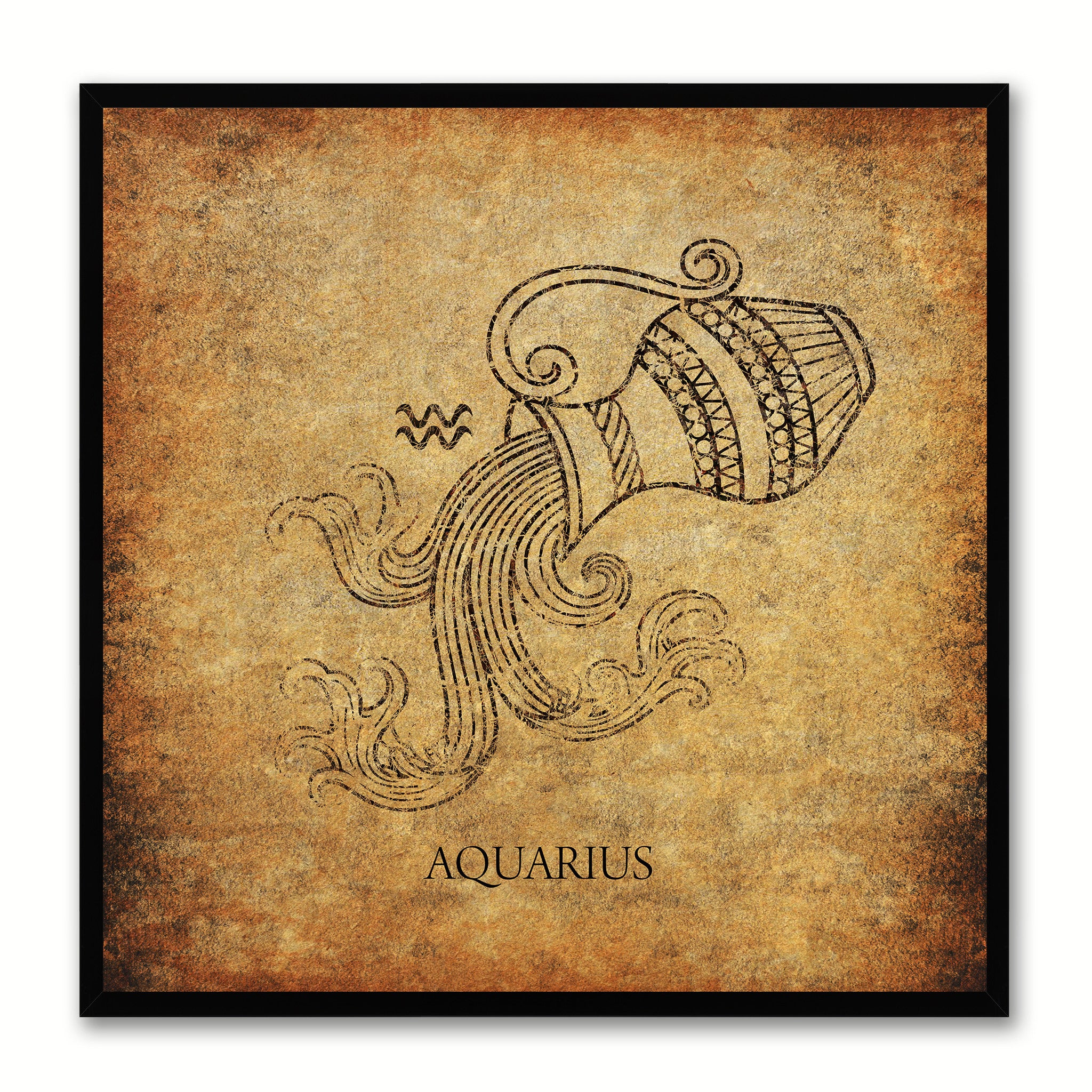 Zodiac Aquarius Horoscope Brown Canvas Print, Black Custom Frame