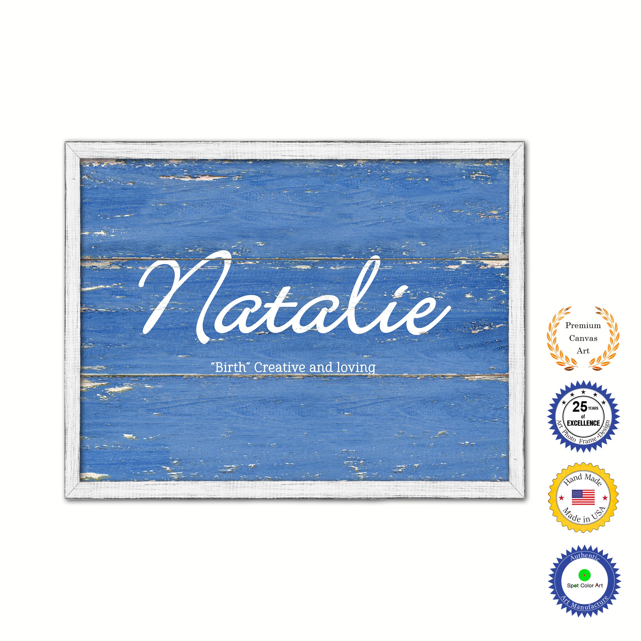 Natalie Name Plate White Wash Wood Frame Canvas Print Boutique Cottage Decor Shabby Chic