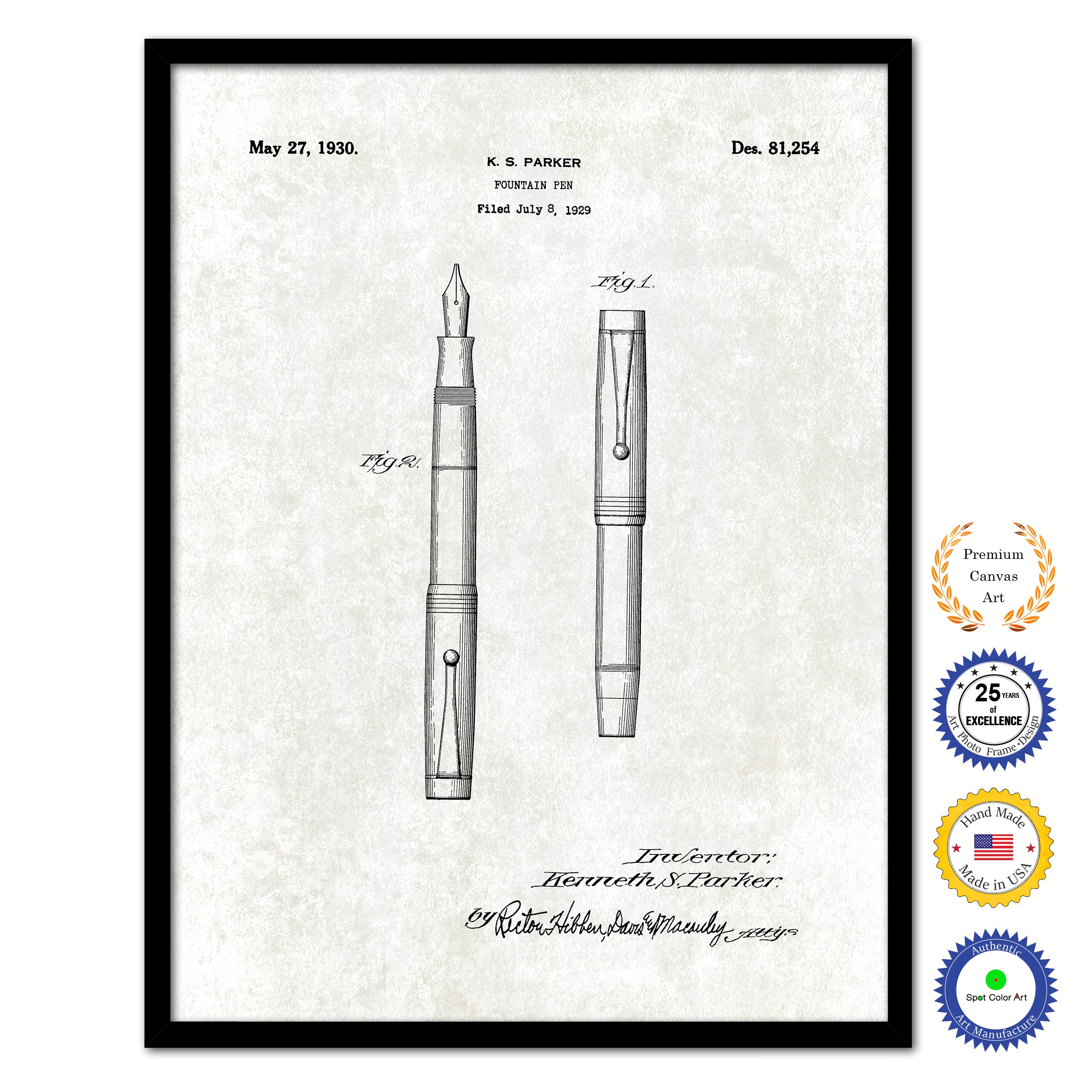 1930 Fountain Pen Old Patent Art Print on Canvas Custom Framed Vintage Home Decor Wall Decoration Great for Gifts