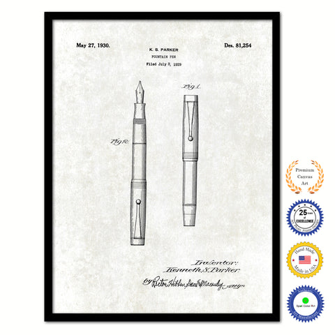 1930 Fountain Pen Old Patent Art Print on Canvas Custom Framed Vintage Home Decor Wall Decoration Great for Gifts