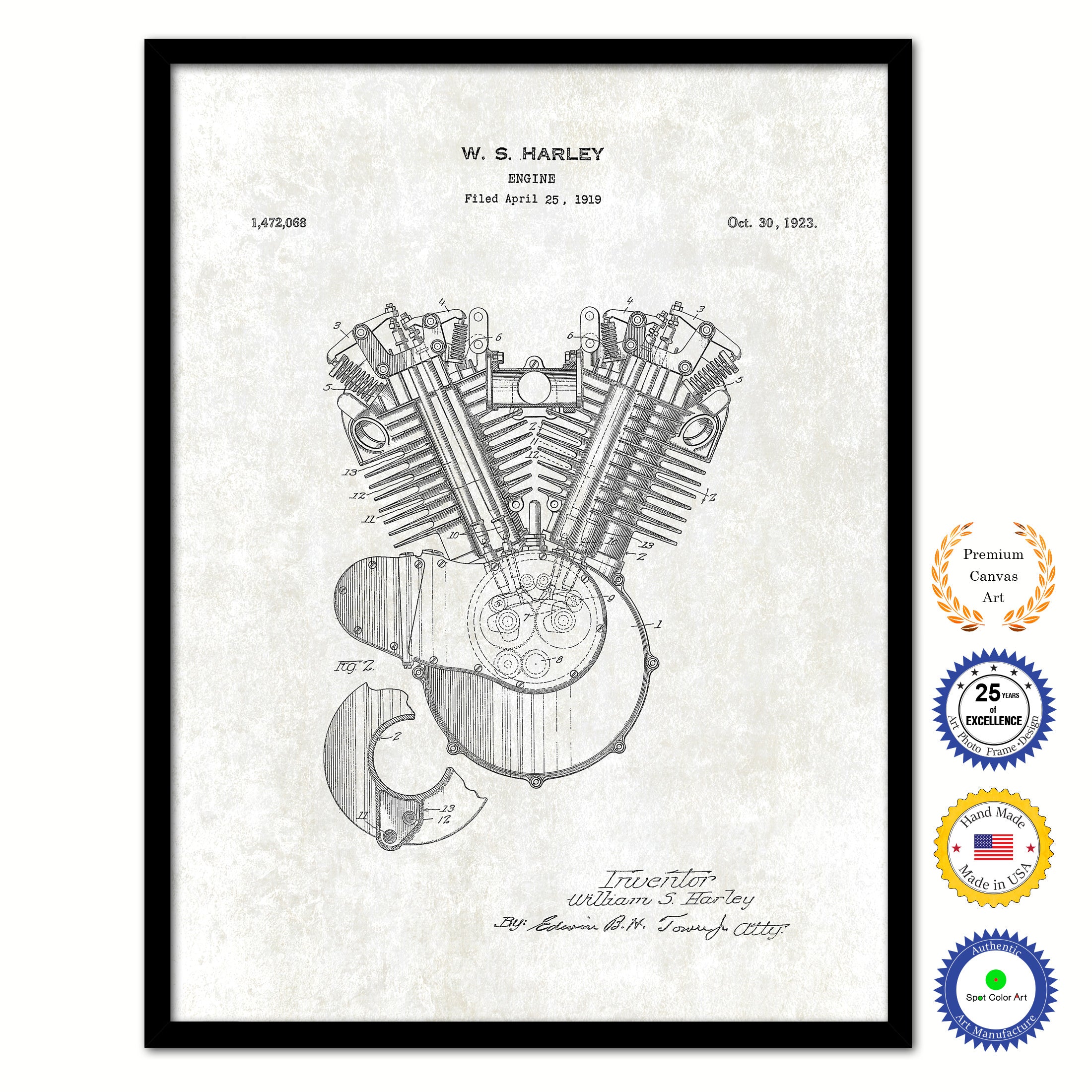 1923 Engine Old Patent Art Print on Canvas Custom Framed Vintage Home Decor Wall Decoration Great for Gifts