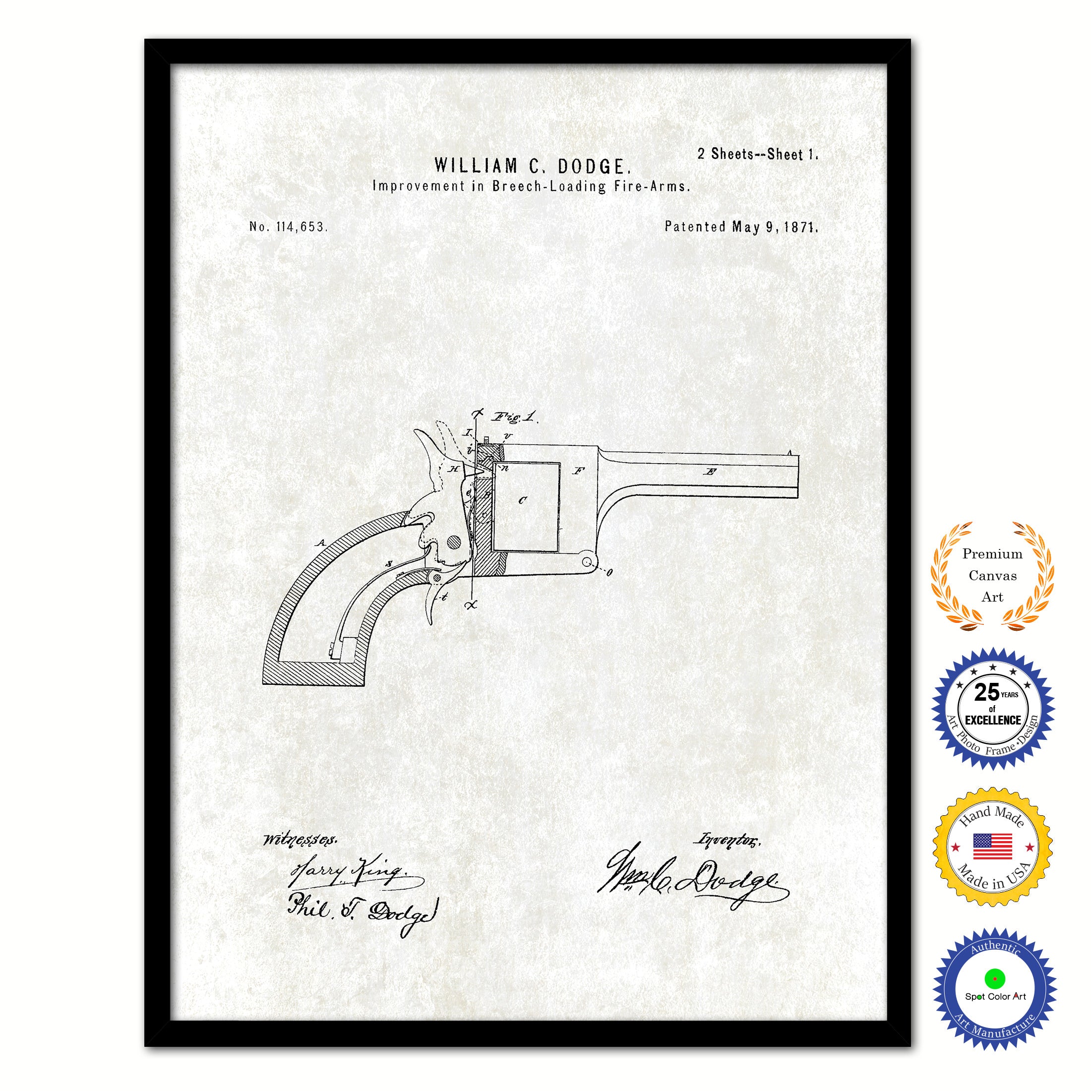 1871 Improvement in Breech Loading Fire Arms Old Patent Art Print on Canvas Custom Framed Vintage Home Decor Wall Decoration Great for Gifts