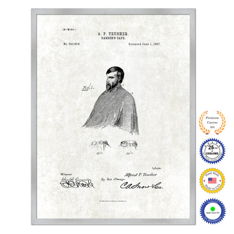 1897 Barber's Cape Antique Patent Artwork Silver Framed Canvas Print Home Office Decor Great Gift for Barber Salon Hair Stylist