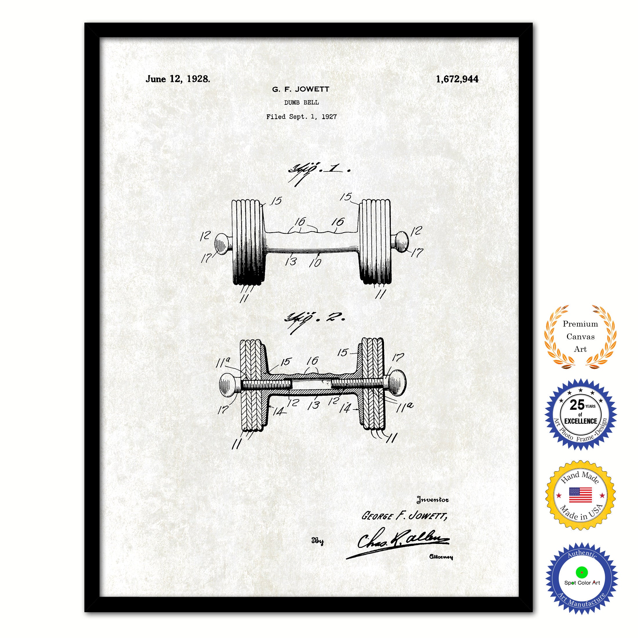 1928 Dumb Bell Old Patent Art Print on Canvas Custom Framed Vintage Home Decor Wall Decoration Great for Gifts