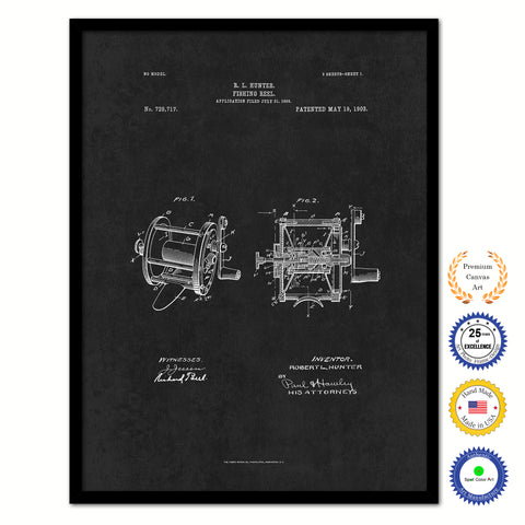 1903 Fishing Reel Vintage Patent Artwork Black Framed Canvas Home Office Decor Great for Fisherman Cabin Lake House