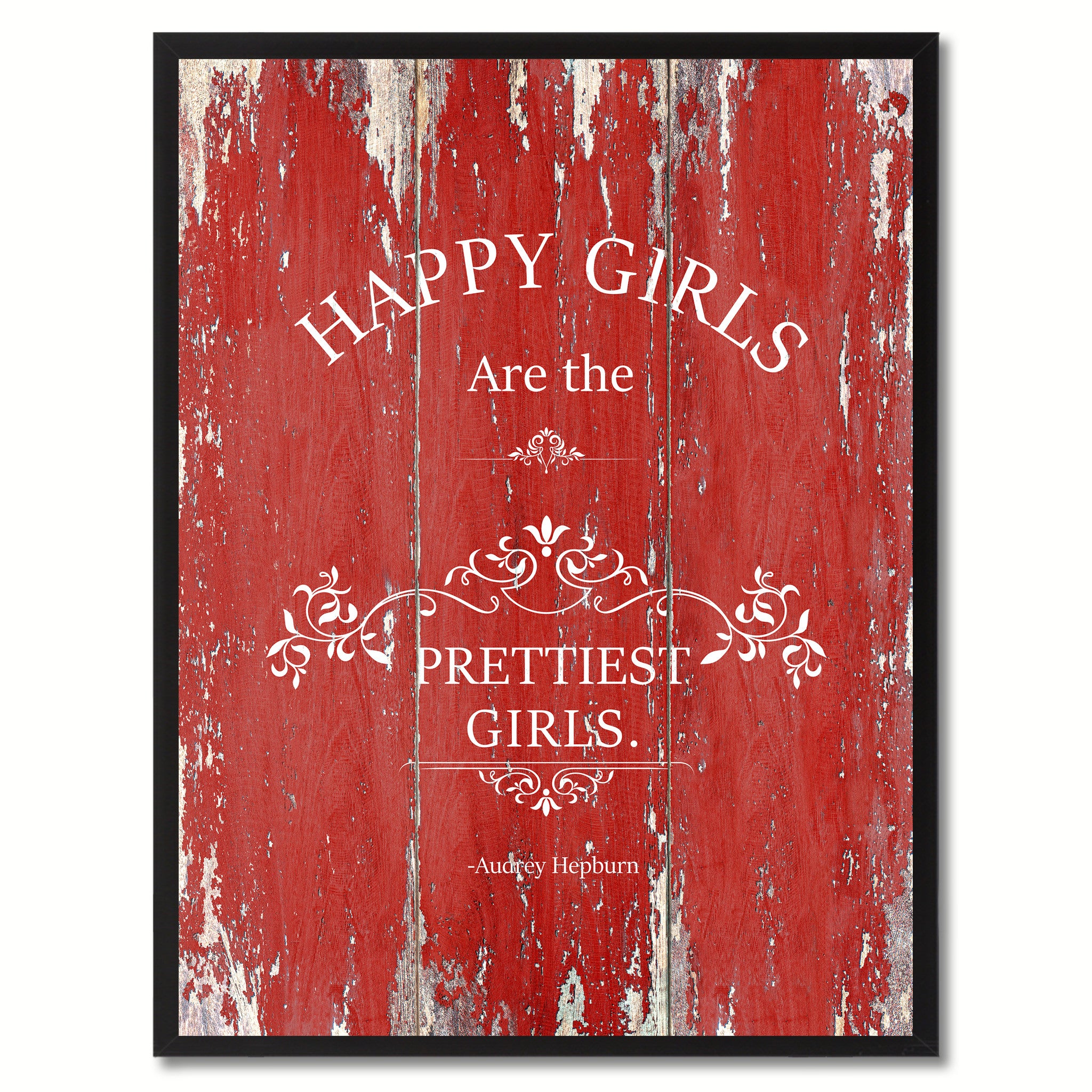 Happy girls are the prettiest girls - Audrey Hepburn Vintage Saying Gifts Home Decor Wall Art Canvas Print with Custom Picture Frame, Red