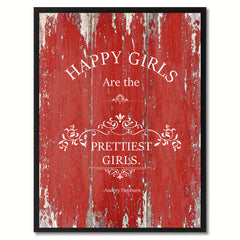 Happy girls are the prettiest girls - Audrey Hepburn Vintage Saying Gifts Home Decor Wall Art Canvas Print with Custom Picture Frame, Red