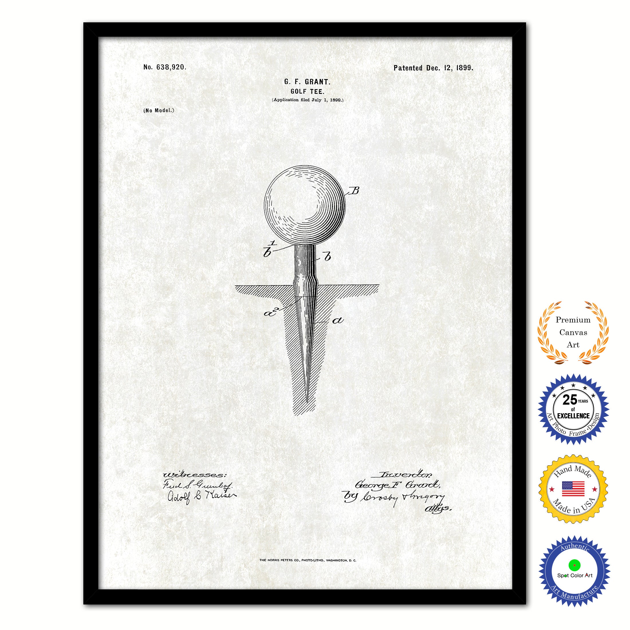 1899 Golf Tee Old Patent Art Print on Canvas Custom Framed Vintage Home Decor Wall Decoration Great for Gifts