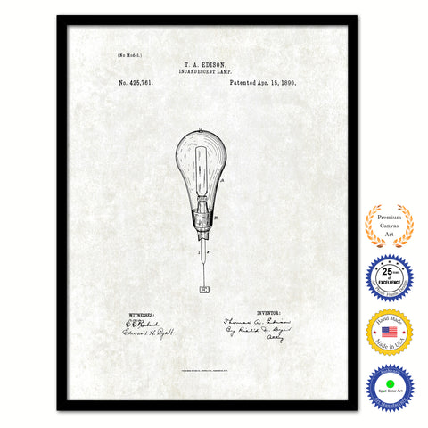 1890 Thomas Edison Incandescent Lamp Vintage Patent Artwork Black Framed Canvas Print Home Office Decor Great for Thomas Edison Lover Electrician Inventor