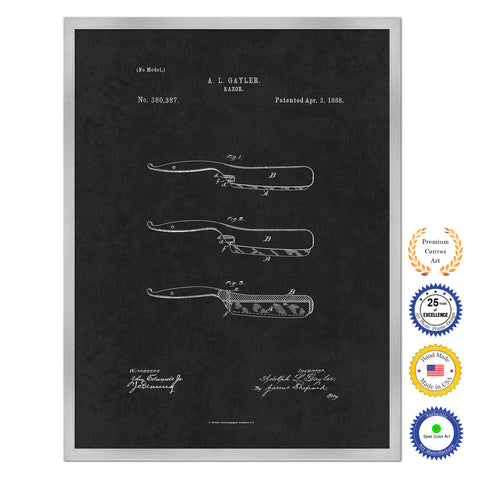 1888 Barber Razor Antique Patent Artwork Silver Framed Canvas Home Office Decor Great Gift for Barber Salon Hair Stylist