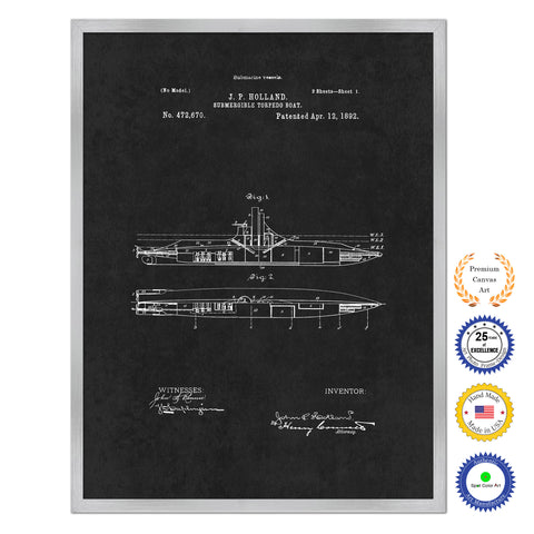 1892 Submergible Torpedo Boat Old Patent Art Print on Canvas Custom Framed Vintage Home Decor Wall Decoration Great for Gifts