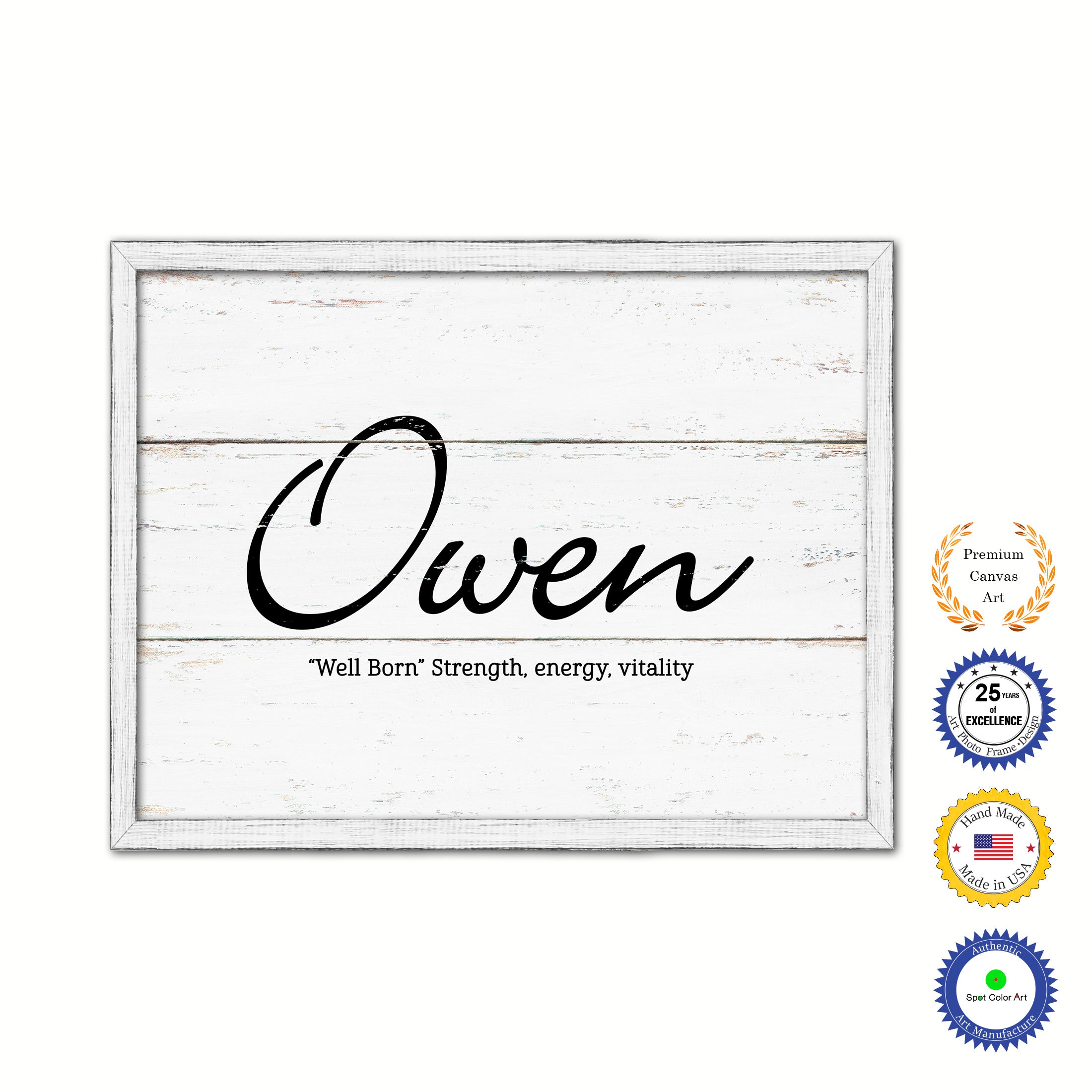 Owen Name Plate White Wash Wood Frame Canvas Print Boutique Cottage Decor Shabby Chic