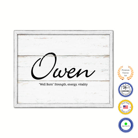 Owen Name Plate White Wash Wood Frame Canvas Print Boutique Cottage Decor Shabby Chic