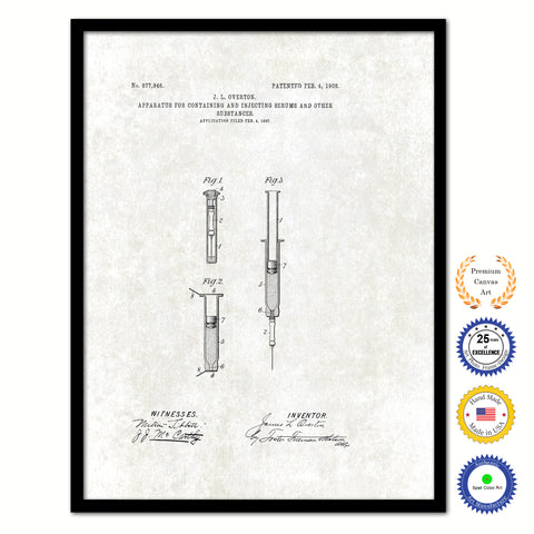 1908 Doctor Syringe Vintage Patent Artwork Black Framed Canvas Print Home Office Decor Great for Doctor Paramedic Surgeon Hospital Medical Student
