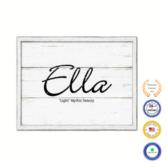 Ella Name Plate White Wash Wood Frame Canvas Print Boutique Cottage Decor Shabby Chic