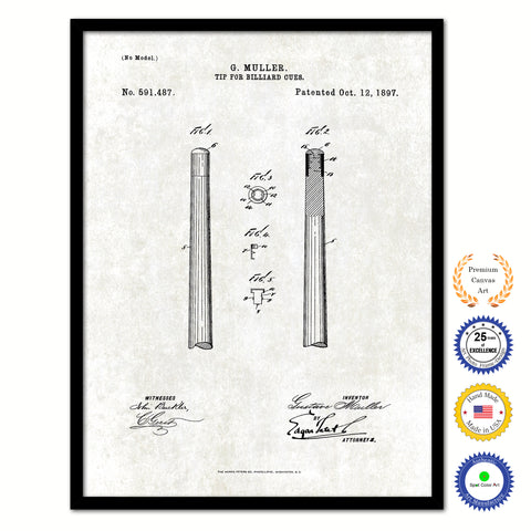 1897 Tip for Billiard Cues Old Patent Art Print on Canvas Custom Framed Vintage Home Decor Wall Decoration Great for Gifts