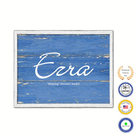 Ezra Name Plate White Wash Wood Frame Canvas Print Boutique Cottage Decor Shabby Chic