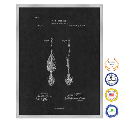 1886 Fishing Trolling Spoon Bait Antique Patent Artwork Silver Framed Canvas Home Office Decor Great for Fisherman Cabin Lake House