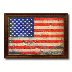 American Flag Vintage USA Canvas Print with Brown Picture Frame Home Decor Man Cave Wall Art Collectible Decoration Artwork Gifts