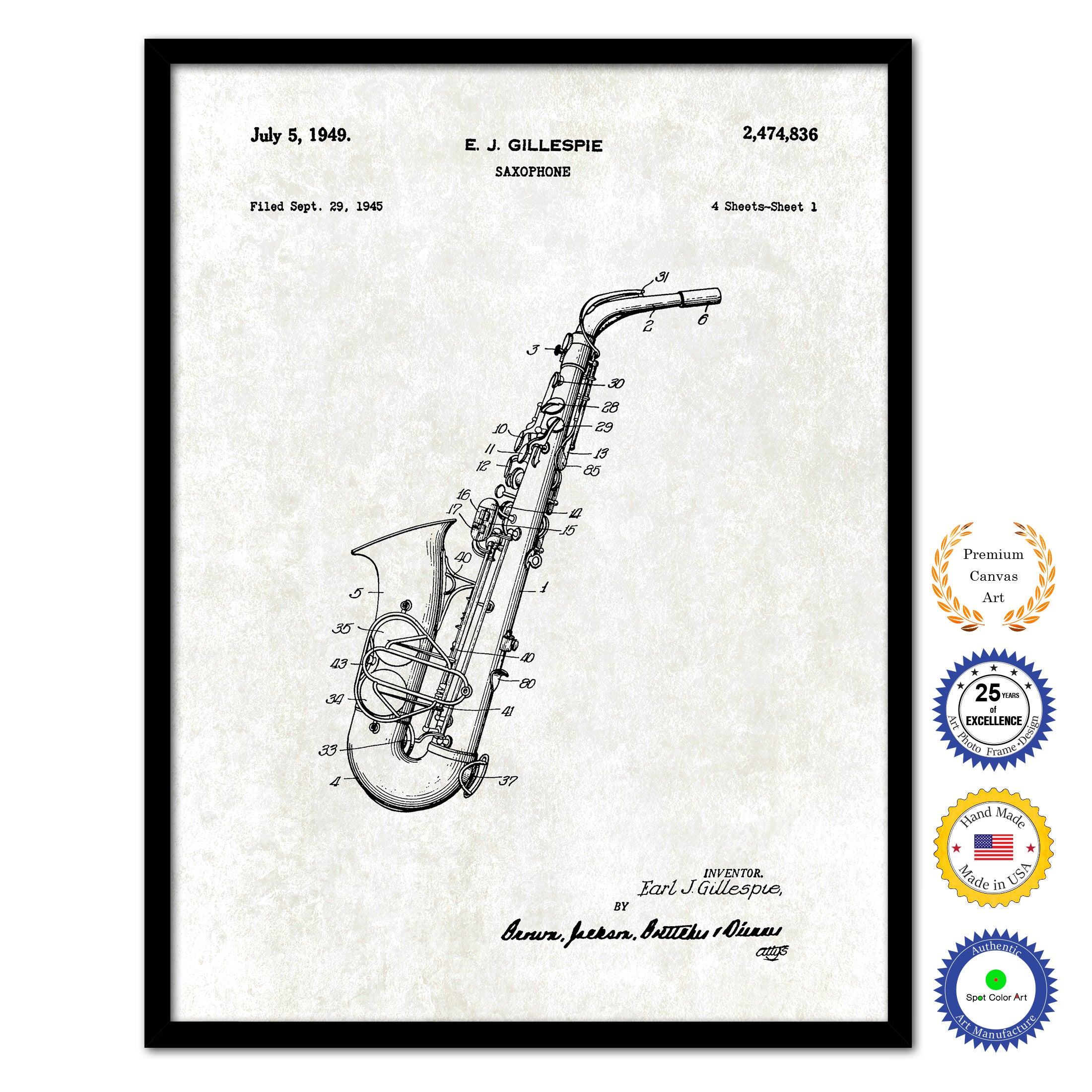 1949 Saxophone Old Patent Art Print on Canvas Custom Framed Vintage Home Decor Wall Decoration Great for Gifts