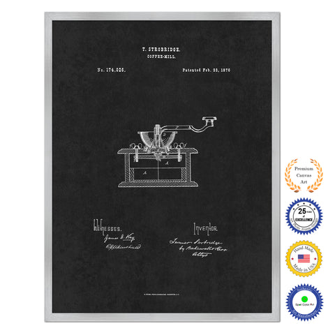 1876 Coffee Mill Grinder Antique Patent Artwork Silver Framed Canvas Home Office Decor Great for Coffee Spice Lover Cafe Shop