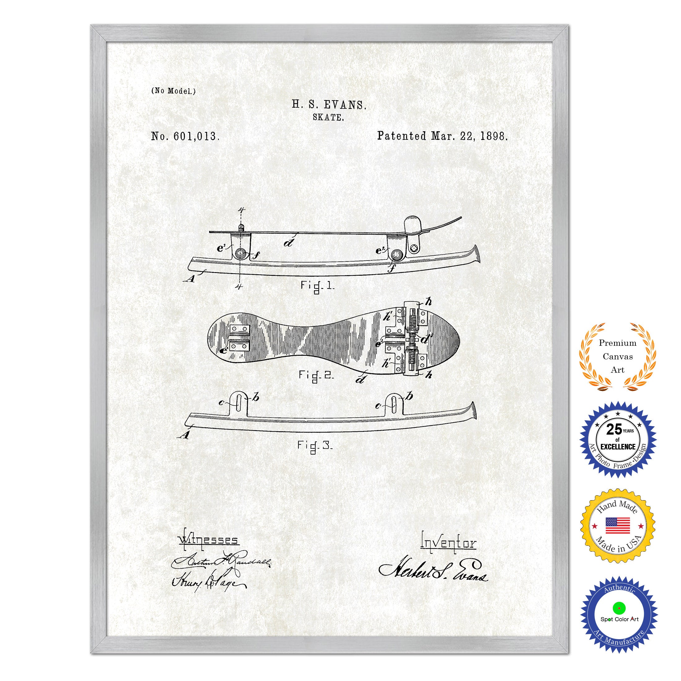 1898 Skate Old Patent Art Print on Canvas Custom Framed Vintage Home Decor Wall Decoration Great for Gifts