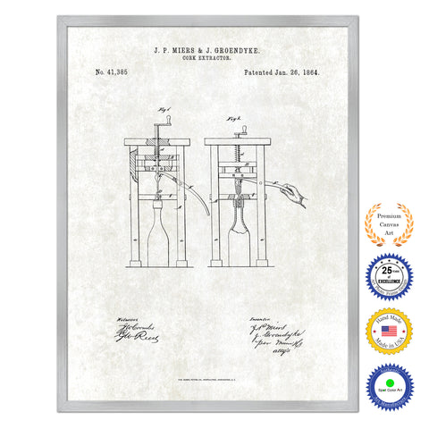 1864 Wine Cork Extractor Old Patent Art Print on Canvas Custom Framed Vintage Home Decor Wall Decoration Great for Gifts